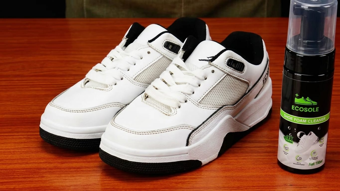 Fresh white shoes cleaned with ECOSOLE foam